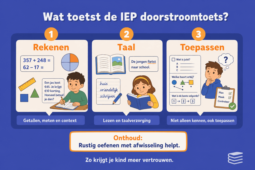 Educatieve infographic over wat de IEP doorstroomtoets toetst. De afbeelding laat zien dat kinderen vragen krijgen over rekenen, lezen en taalverzorging en dat ze hun kennis ook moeten toepassen in verschillende soorten opdrachten.