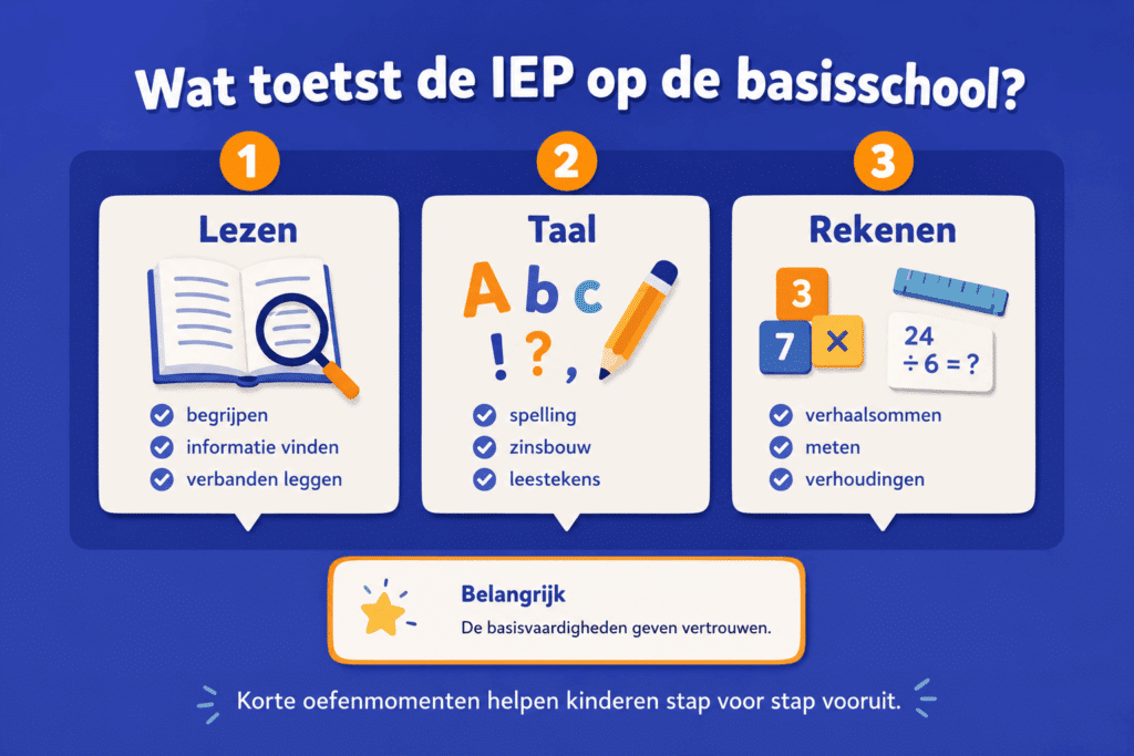 Educatieve infographic over wat de IEP toets op de basisschool toetst, met drie onderdelen: lezen, taal en rekenen. Bij lezen staan begrijpen, informatie vinden en verbanden leggen centraal. Bij taal gaat het om spelling, zinsbouw en leestekens.