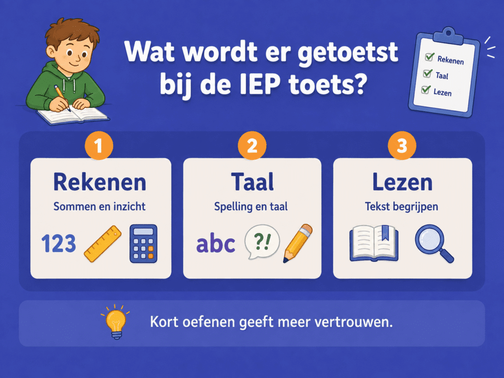 Educatieve infographic over wat er wordt getoetst bij de IEP toets. De afbeelding laat zien dat kinderen worden getoetst op rekenen, taal en begrijpend lezen, met aandacht voor sommen, spelling, taal en tekstbegrip.