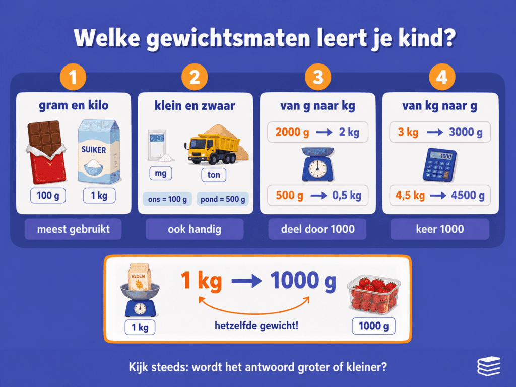 Educatieve infographic over welke gewichtsmaten kinderen leren. De afbeelding laat zien dat gram en kilogram het meest gebruikt worden, dat ook milligram, ton, ons en pond kunnen voorkomen en hoe kinderen leren omrekenen van gram naar kilogram en van kilogram naar gram.