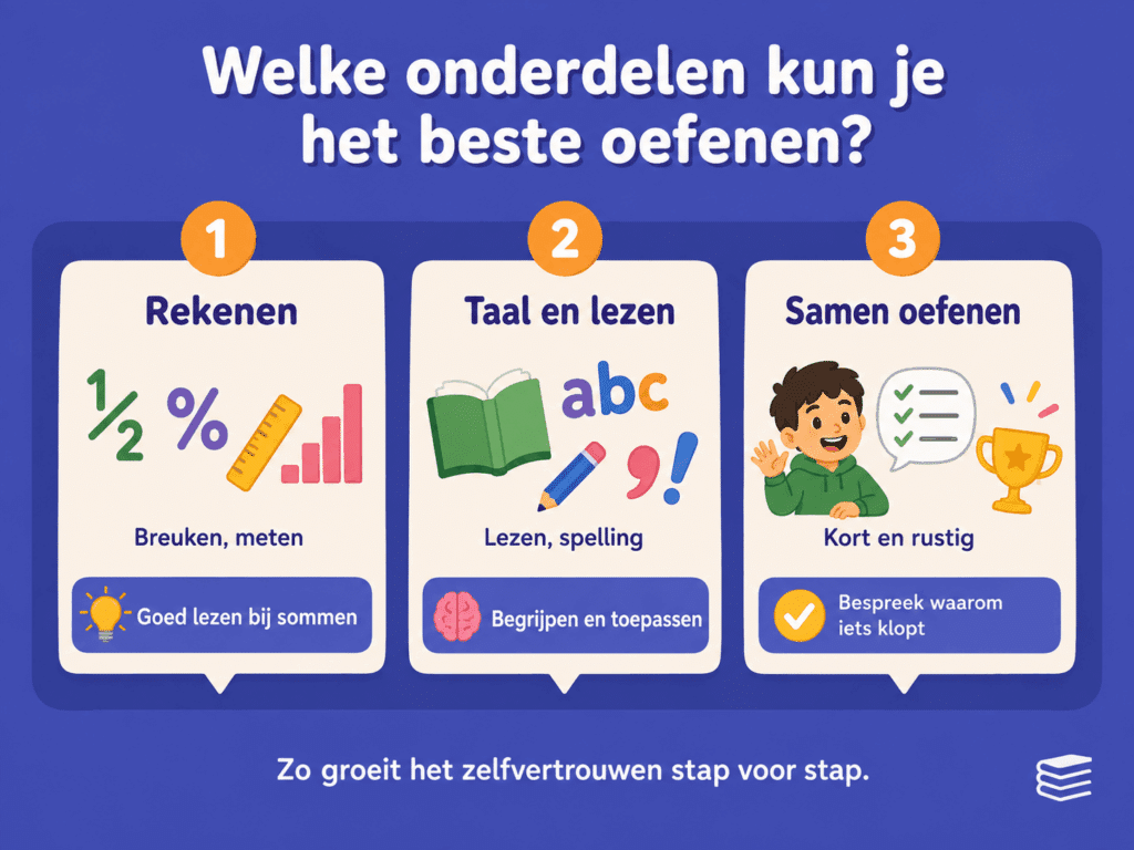 Educatieve infographic over welke onderdelen kinderen het beste kunnen oefenen voor de IEP doorstroomtoets. De afbeelding laat rekenen, taal en lezen en samen oefenen zien, met aandacht voor breuken, meten, spelling, begrijpend lezen en rustig oefenen.