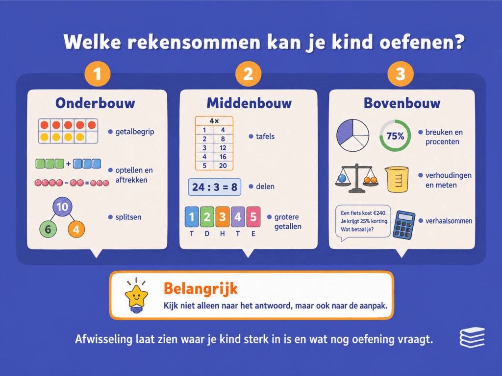 Infographic die laat zien welke rekensommen kinderen kunnen oefenen in de onderbouw, middenbouw en bovenbouw.