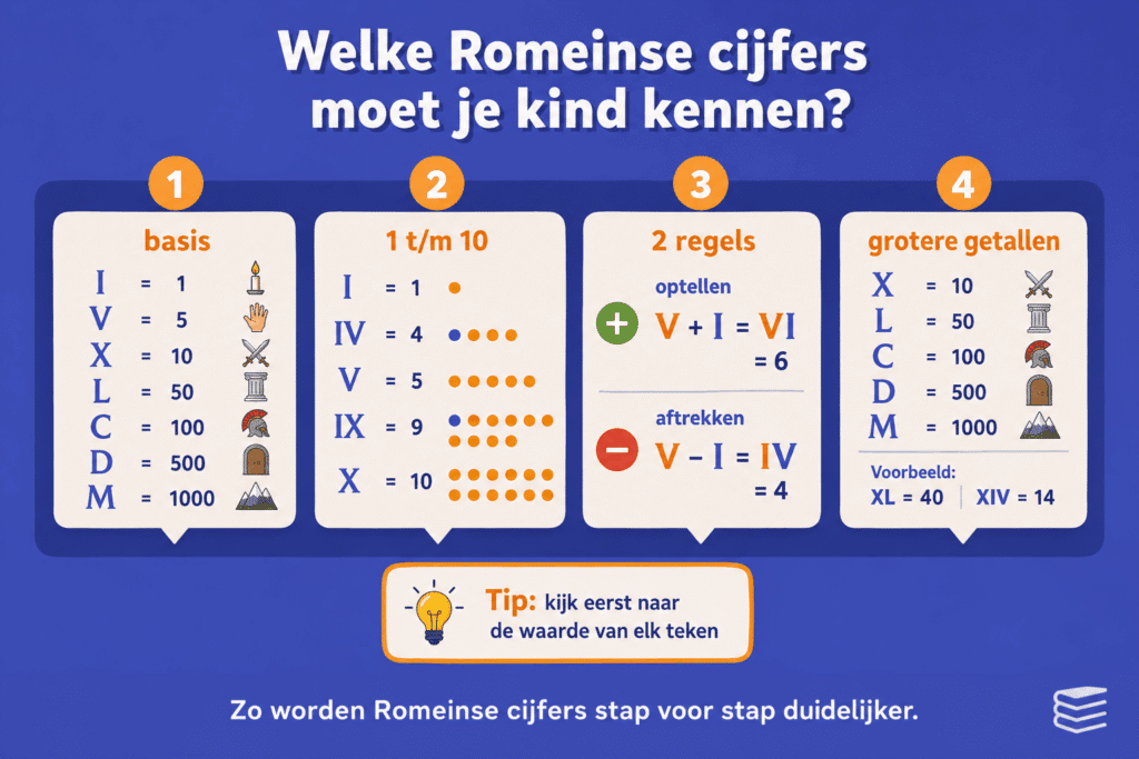 Educatieve infographic over welke Romeinse cijfers kinderen moeten kennen. De afbeelding laat de basiswaarden van I, V, X, L, C, D en M zien en legt uit hoe kinderen Romeinse cijfers opbouwen door waarden op te tellen of van elkaar af te trekken.