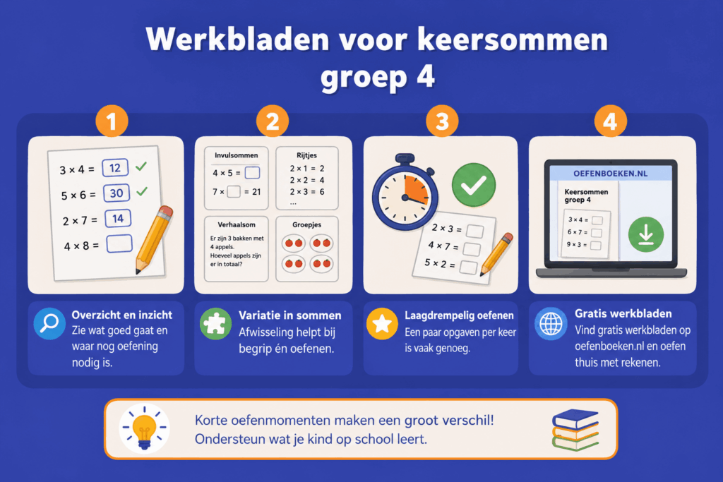 Educatieve infographic over werkbladen voor keersommen in groep 4, met verschillende soorten tafelsommen, korte oefenmomenten en gratis werkbladen om thuis te oefenen.