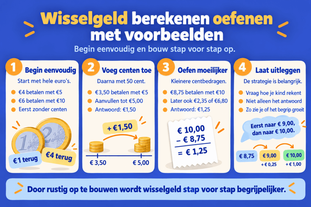 Infographic met vier stappen om wisselgeld te berekenen, van eenvoudige geldsommen met hele euro's tot moeilijkere oefeningen met centen en het uitleggen van rekenstappen.