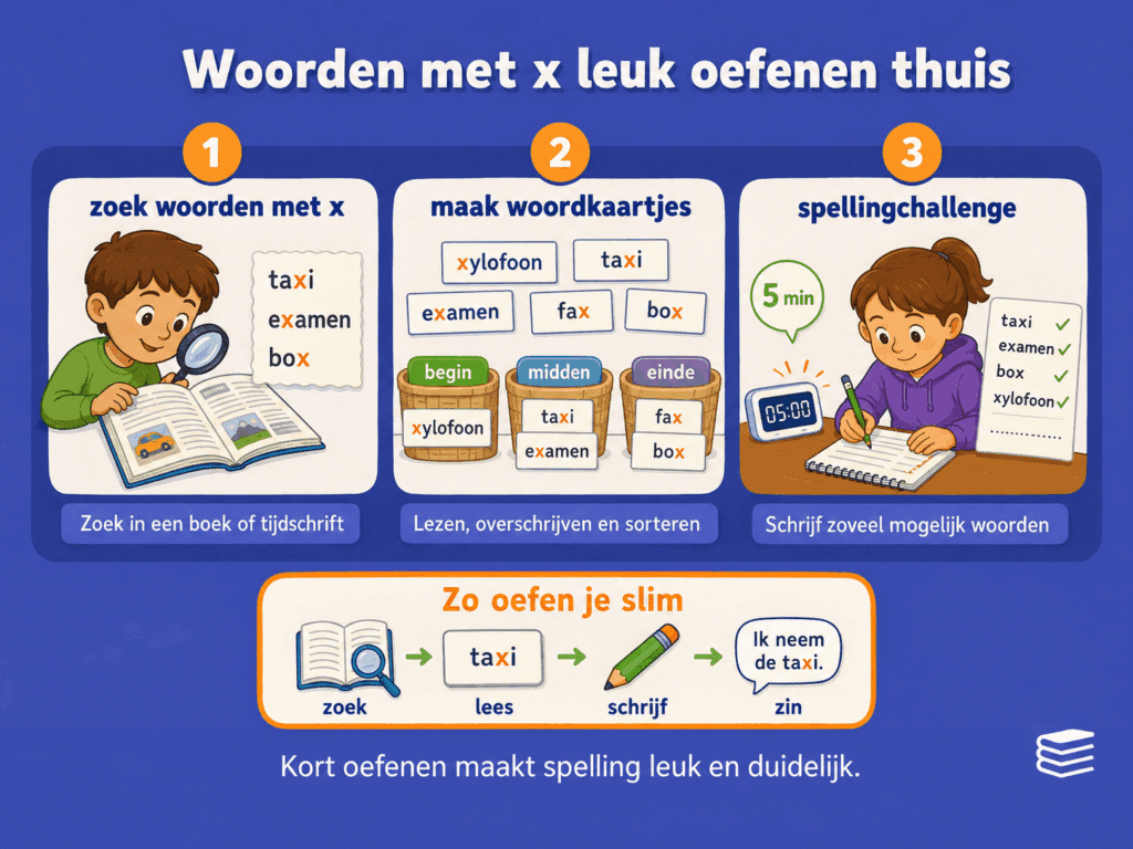 Educatieve infographic over woorden met x leuk oefenen thuis. De afbeelding laat drie speelse manieren zien om thuis te oefenen: woorden met x zoeken, woordkaartjes maken en een korte spellingchallenge doen.