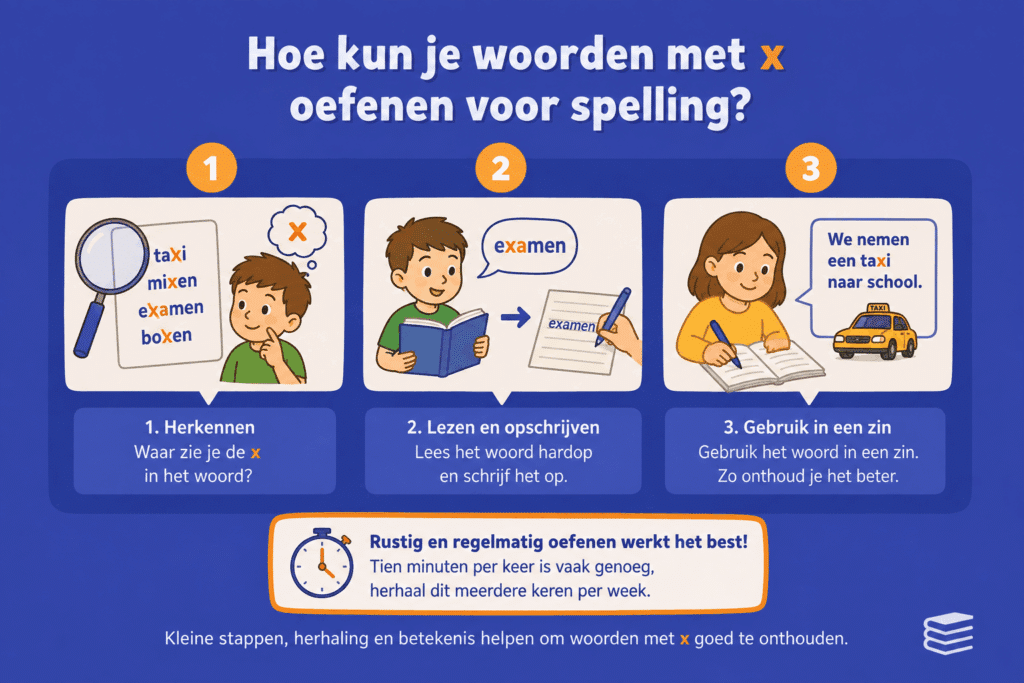 Educatieve infographic over woorden met x oefenen voor spelling. De afbeelding laat in drie stappen zien hoe kinderen de x herkennen, het woord lezen en opschrijven en het daarna gebruiken in een