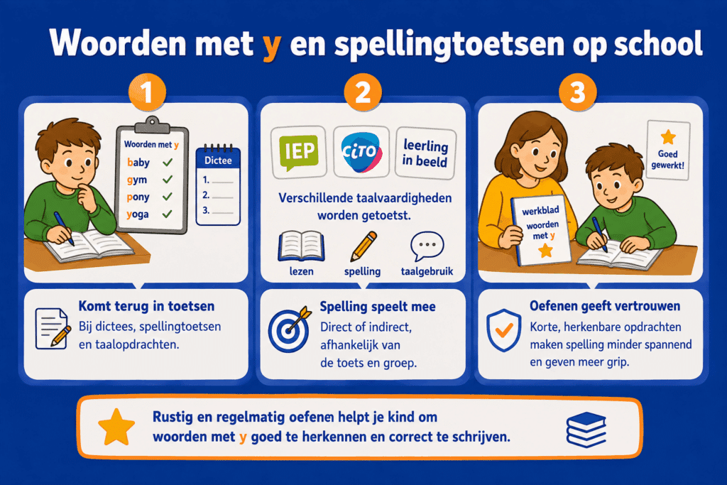 Educatieve infographic over woorden met y en spellingtoetsen op school. De afbeelding laat zien dat woorden met y kunnen terugkomen in dictees en taalopdrachten, dat spelling onderdeel kan zijn van verschillende toetsen en dat regelmatig oefenen helpt om met meer vertrouwen te schrijven.