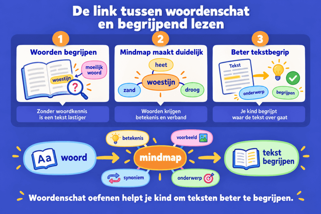 Educatieve afbeelding die laat zien hoe woordenschat en begrijpend lezen samenhangen. In drie stappen wordt uitgelegd hoe kinderen moeilijke woorden begrijpen,