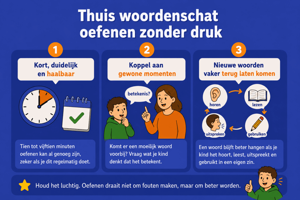 Educatieve infographic over thuis woordenschat oefenen zonder druk. De afbeelding laat zien dat korte oefenmomenten, woorden koppelen aan gewone situaties en nieuwe woorden vaker horen, lezen, uitspreken en gebruiken helpen om de woordenschat te vergroten.