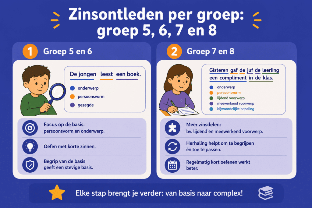 Infographic die laat zien hoe zinsontleden wordt opgebouwd van groep 5 tot en met groep 8, van persoonsvorm en onderwerp naar meerdere zinsdelen.