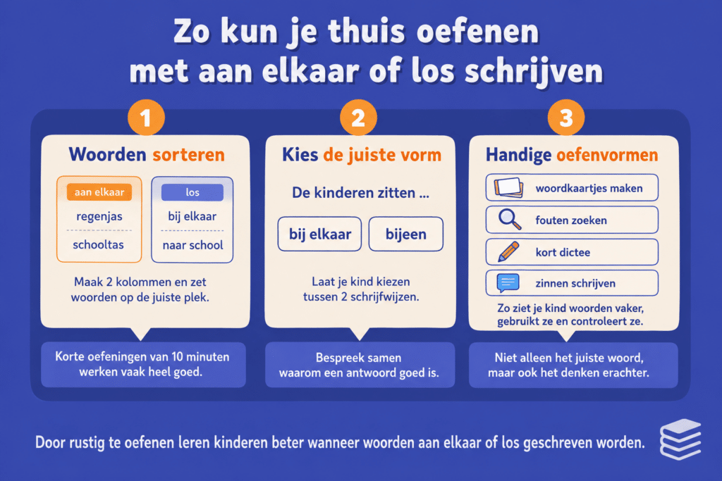 Infographic die laat zien hoe kinderen thuis kunnen oefenen met aan elkaar of los schrijven, met woorden sorteren, de juiste vorm kiezen en korte oefenvormen zoals dictee en fouten zoeken.