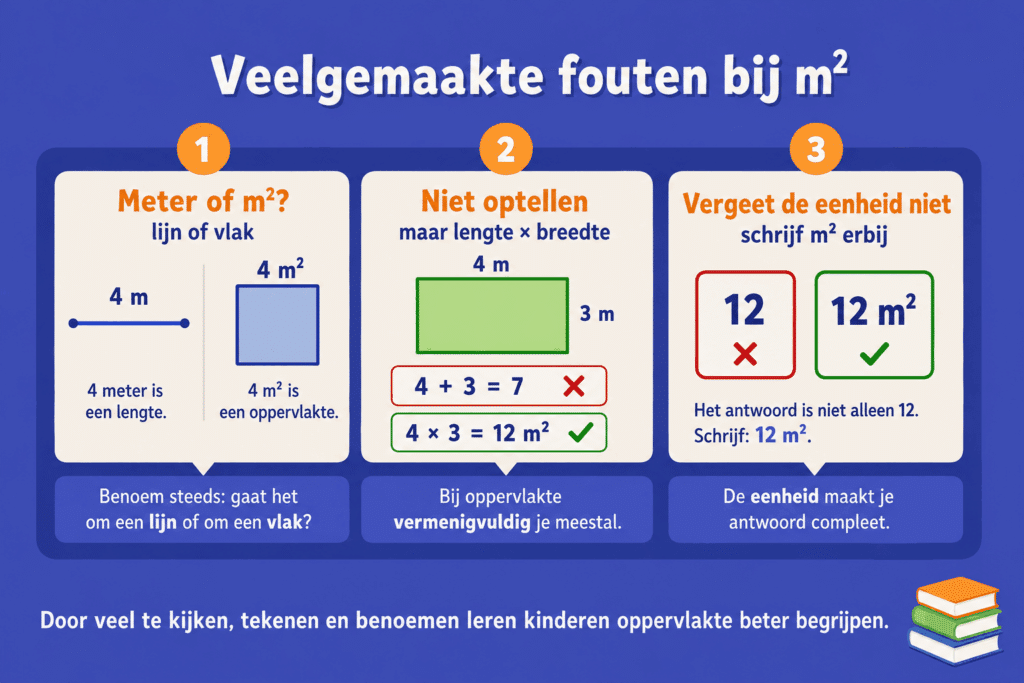 Infographic die uitlegt welke fouten kinderen vaak maken bij m², zoals meter en vierkante meter verwarren, lengtes optellen in plaats van vermenigvuldigen en de eenheid m² vergeten.