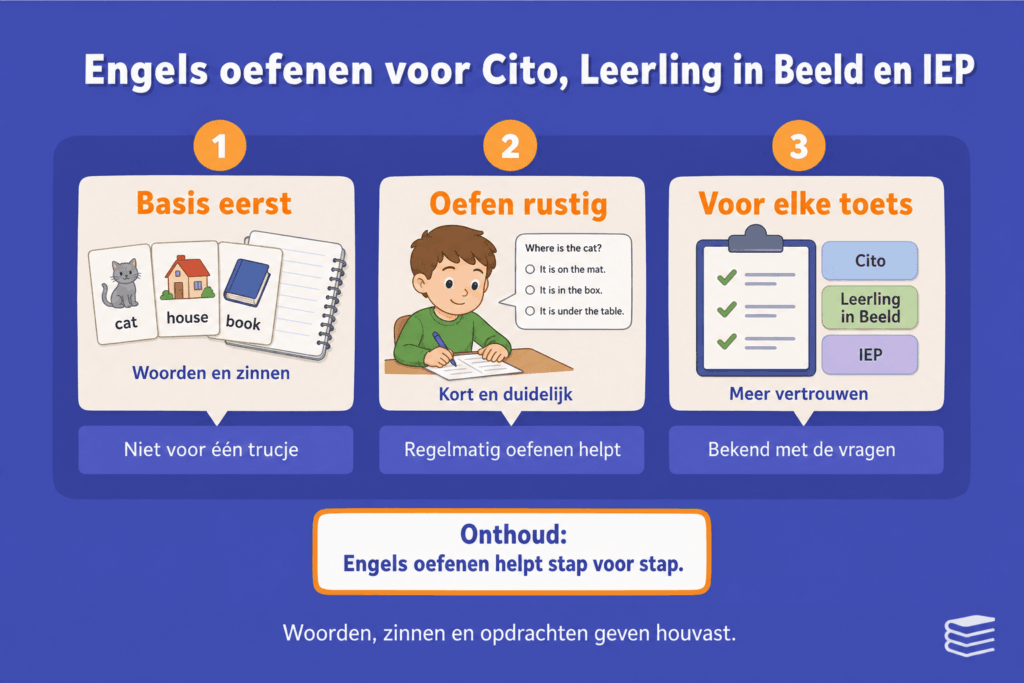 Educatieve infographic over Engels oefenen voor Cito, Leerling in Beeld en IEP. De afbeelding laat zien dat kinderen eerst werken aan woorden en zinnen, daarna rustig en regelmatig oefenen en zo meer vertrouwen krijgen bij verschillende toetsen.