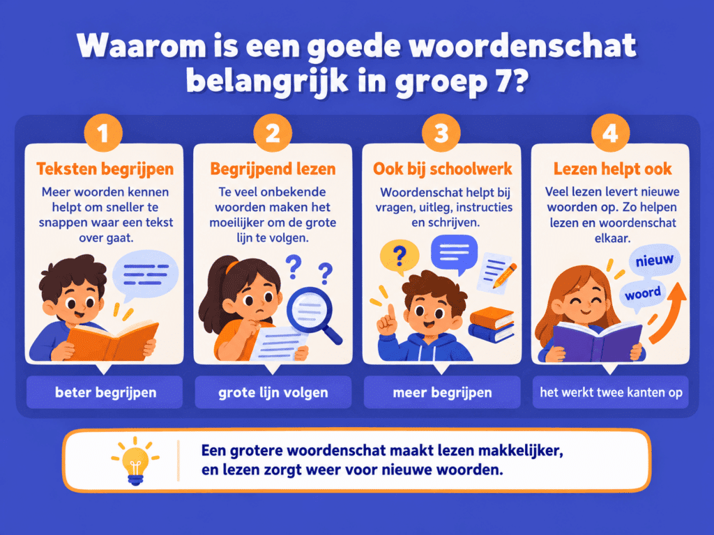 Educatieve afbeelding die in vier stappen uitlegt waarom een goede woordenschat belangrijk is in groep 7. Een grotere woordenschat helpt kinderen teksten beter te begrijpen, verbanden te herkennen, schoolopdrachten uit te voeren en nieuwe woorden te leren door veel te lezen.