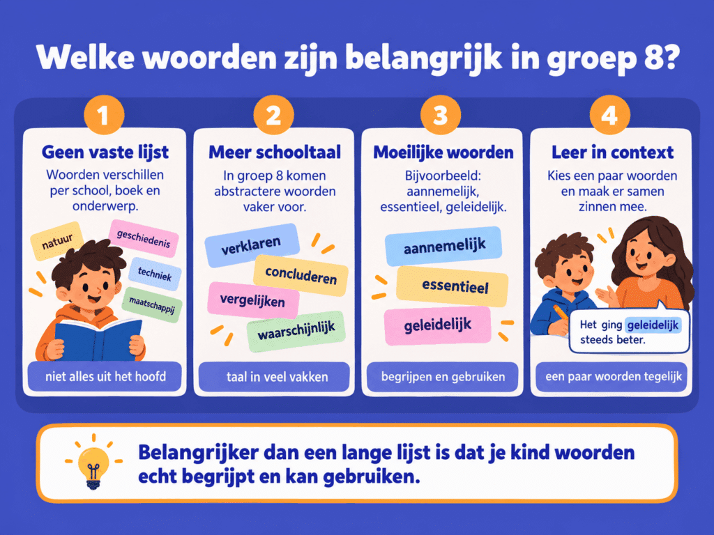 Educatieve afbeelding die laat zien welke woorden belangrijk zijn voor de woordenschat in groep 8. Kinderen leren abstracte schooltaalwoorden zoals verklaren, concluderen en vergelijken, en moeilijkere woorden zoals aannemelijk, essentieel en geleidelijk.