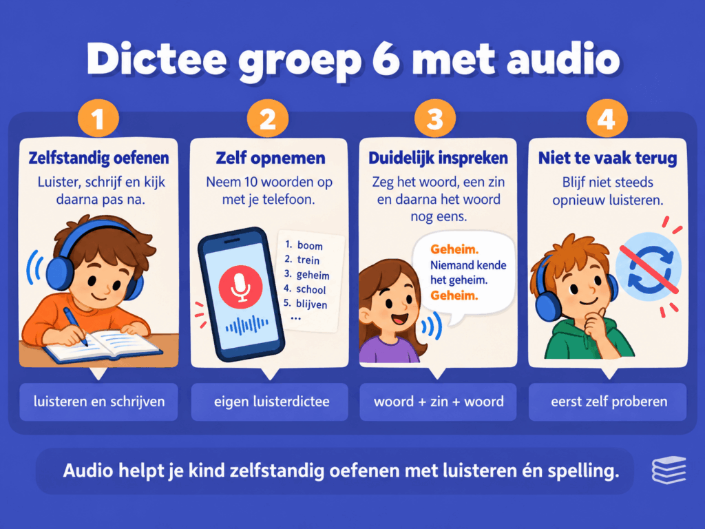 Educatieve afbeelding die in vier stappen uitlegt hoe kinderen in groep 6 zelfstandig een dictee met audio kunnen oefenen.