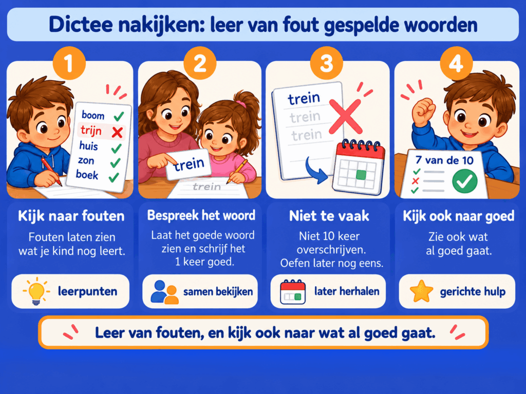 Educatieve afbeelding met vier tips om een dictee na te kijken. Kinderen leren van fout gespelde woorden door fouten te bespreken, de juiste spelling één keer op te schrijven en moeilijke woorden later te herhalen.