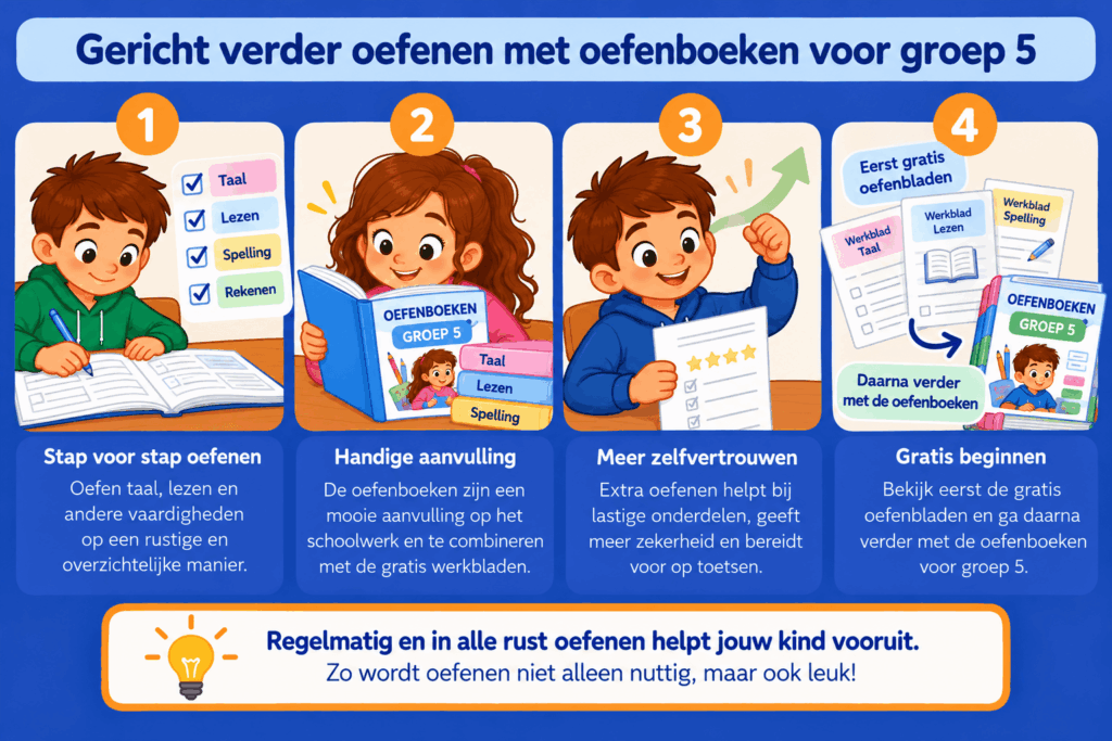 Educatieve afbeelding met vier voordelen van oefenboeken voor groep 5. Kinderen oefenen stap voor stap met taal, lezen, spelling en rekenen. De oefenboeken bieden structuur, vullen het schoolwerk aan en helpen het zelfvertrouwen te vergroten.