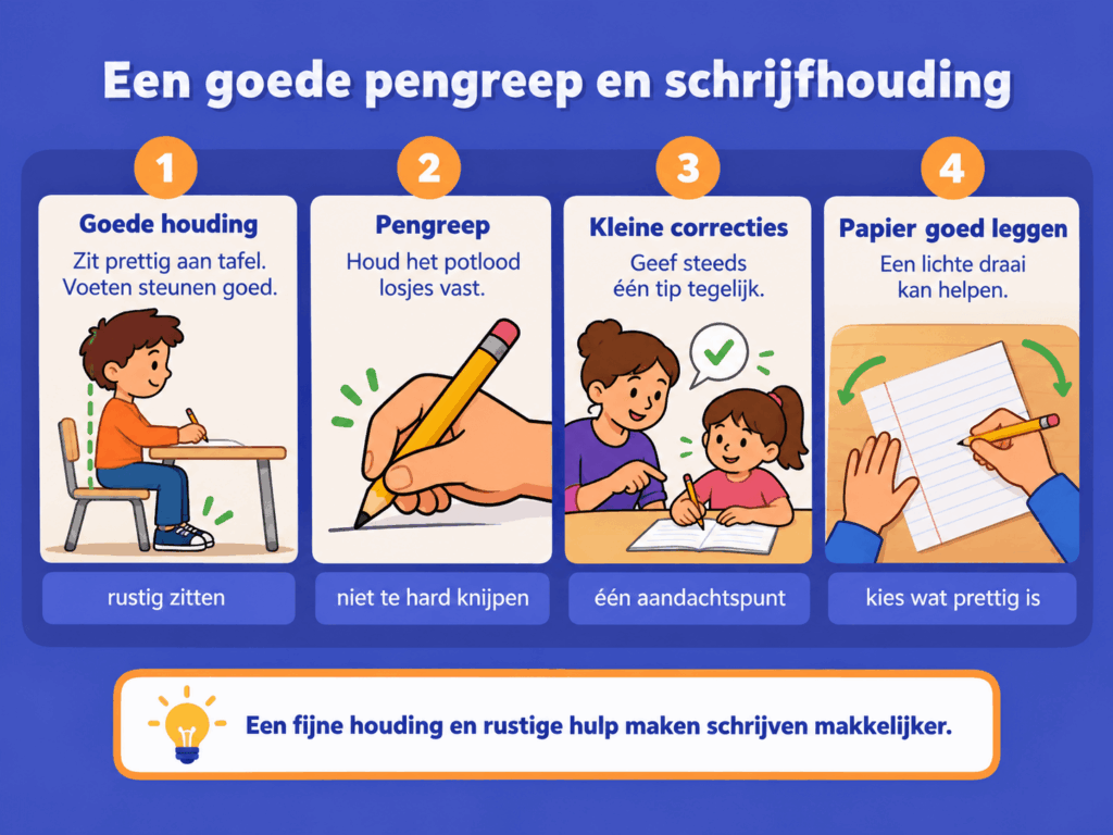 Educatieve afbeelding met vier aandachtspunten voor een goede pengreep en schrijfhouding. Kinderen leren prettig aan tafel zitten, een potlood losjes vasthouden, kleine correcties stap voor stap verwerken en het papier in een fijne positie leggen.