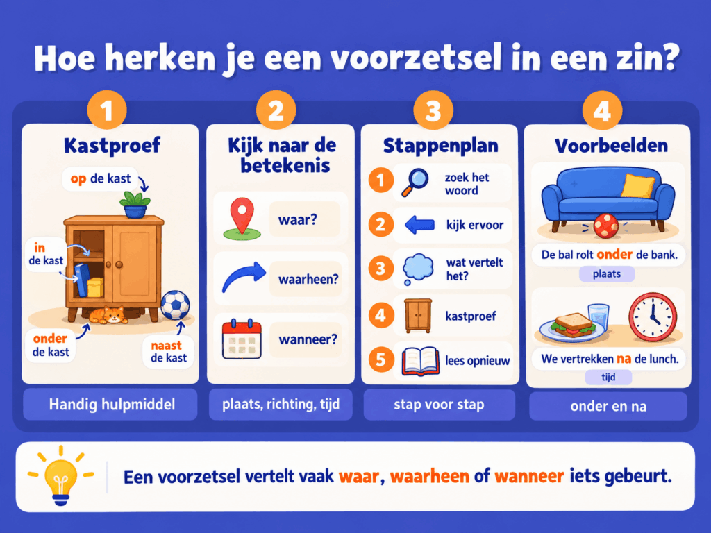 Educatieve afbeelding die uitlegt hoe kinderen een voorzetsel in een zin kunnen herkennen. De afbeelding laat de kastproef zien, legt uit dat een voorzetsel vaak iets zegt over plaats, richting of tijd, toont een stappenplan en geeft voorbeelden zoals “De bal rolt onder de bank” en “We vertrekken na de lunch.”