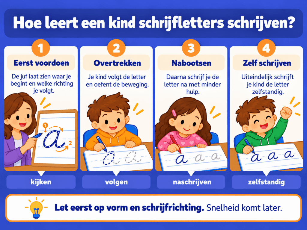 Educatieve afbeelding die in vier stappen laat zien hoe een kind schrijfletters leert schrijven. Eerst doet de leerkracht de letter voor, daarna trekt het kind de letter over, schrijft de letter na met minder hulp en leert uiteindelijk zelfstandig schrijven.