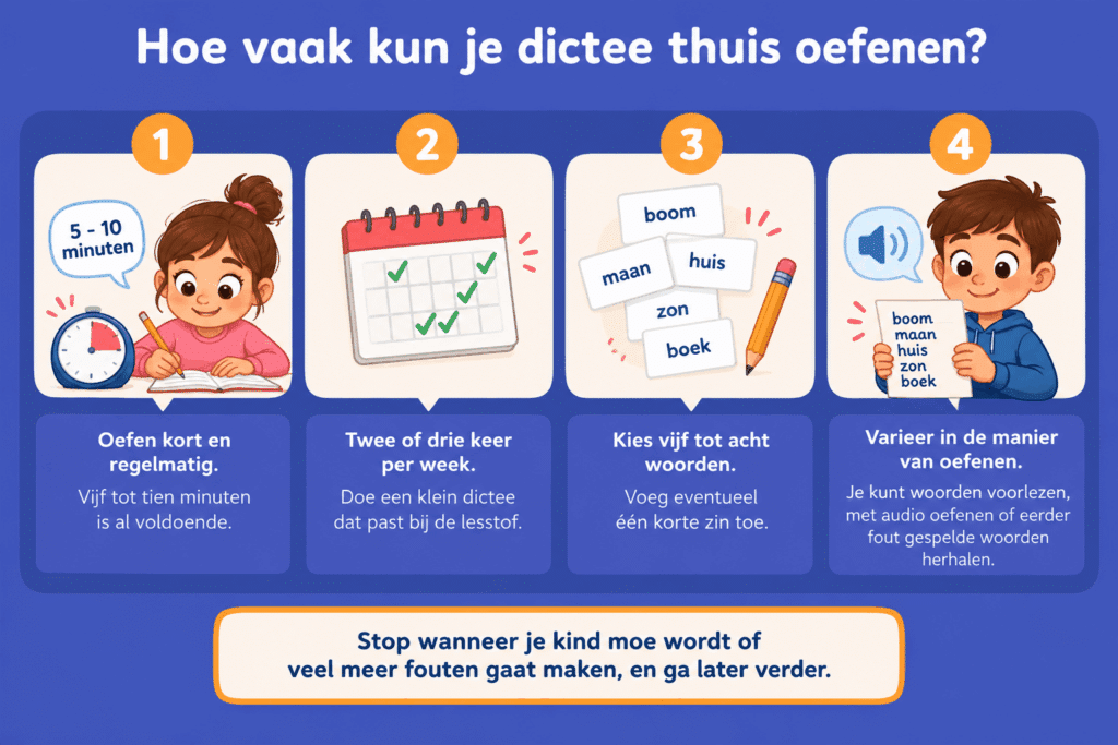 Educatieve afbeelding met vier tips om dictee thuis te oefenen in groep 3. Oefen 5 tot 10 minuten per keer, twee tot drie keer per week, met vijf tot acht woorden