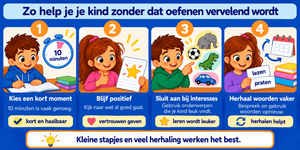 Educatieve afbeelding met vier tips om thuis oefenen leuk en ontspannen te houden. Oefen tien minuten per keer, blijf positief, sluit aan bij de interesses van je kind en herhaal nieuwe woorden regelmatig. Kleine stappen en veel herhaling helpen kinderen om met plezier te leren.