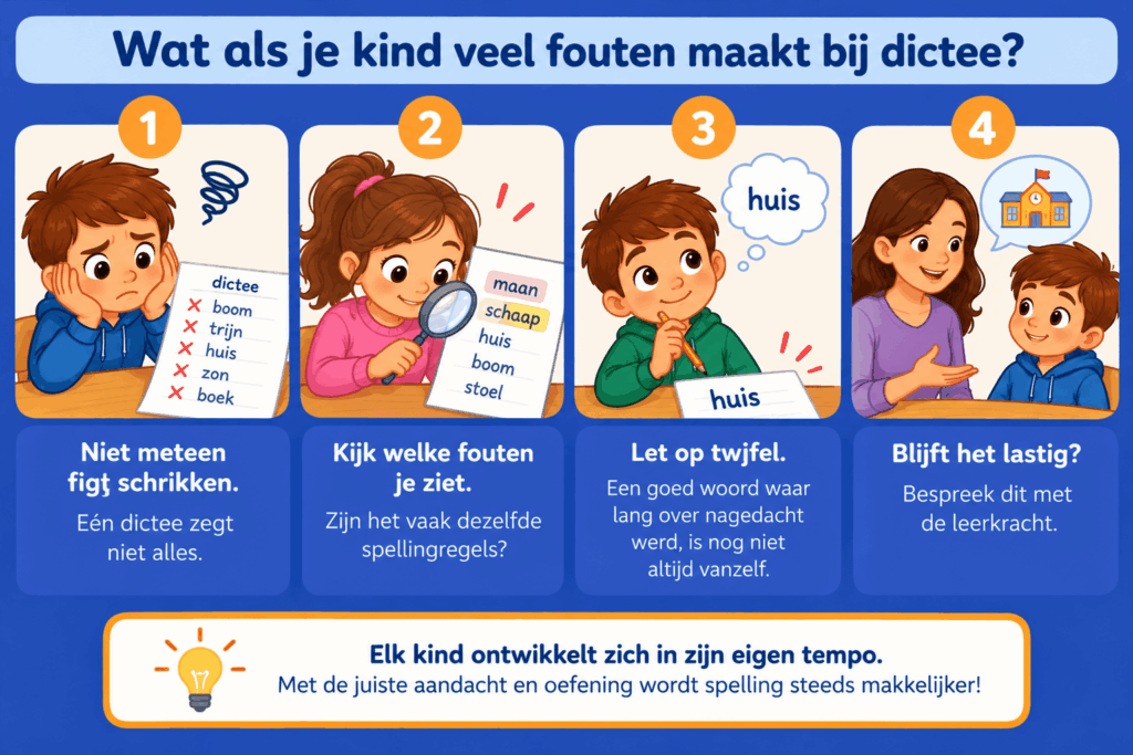 Educatieve afbeelding met vier tips voor ouders als hun kind veel fouten maakt bij een dictee. Kijk rustig naar de gemaakte fouten, herken terugkerende spellingproblemen, let op twijfel tijdens het schrijven en bespreek aanhoudende moeilijkheden met de leerkracht.