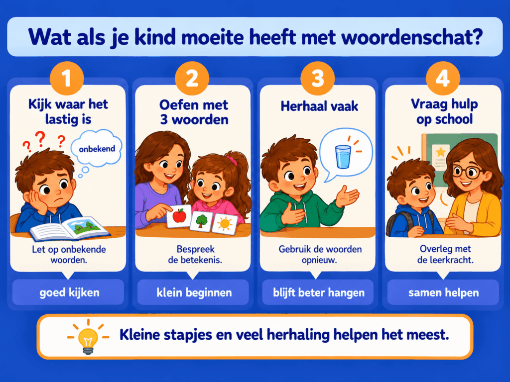 Educatieve afbeelding met vier tips voor ouders als hun kind moeite heeft met woordenschat. Kijk welke woorden lastig zijn, oefen met drie woorden tegelijk, herhaal nieuwe woorden regelmatig en overleg indien nodig met de leerkracht.