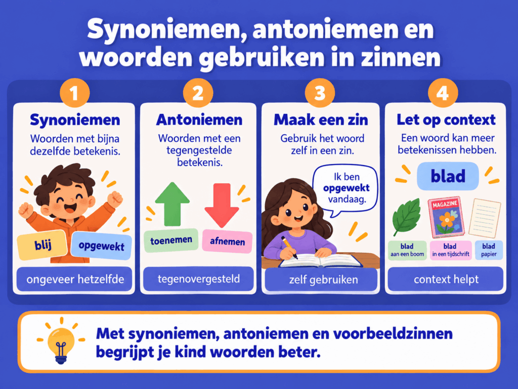 Educatieve afbeelding die in vier stappen uitlegt hoe kinderen in groep 8 hun woordenschat vergroten. Met voorbeelden van synoniemen zoals blij en opgewekt, antoniemen zoals toenemen en afnemen, woorden gebruiken in zinnen en verschillende betekenissen van het woord blad.