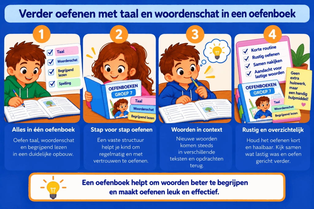 Educatieve afbeelding met vier voordelen van oefenboeken voor groep 7. Kinderen oefenen stap voor stap met taal, woordenschat, spelling en begrijpend lezen.