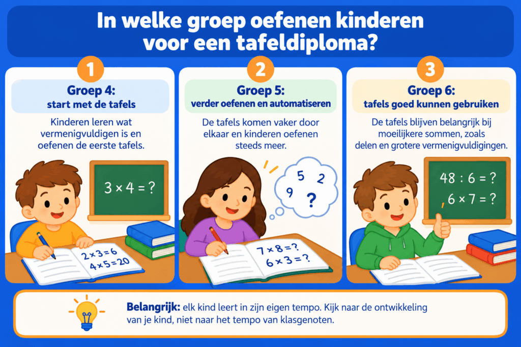 Educatieve afbeelding die laat zien wanneer kinderen oefenen voor een tafeldiploma. In groep 4 beginnen kinderen met de tafels, in groep 5 oefenen ze met automatiseren en in groep 6 gebruiken ze de tafels bij moeilijkere sommen. Elk kind leert in zijn eigen tempo.