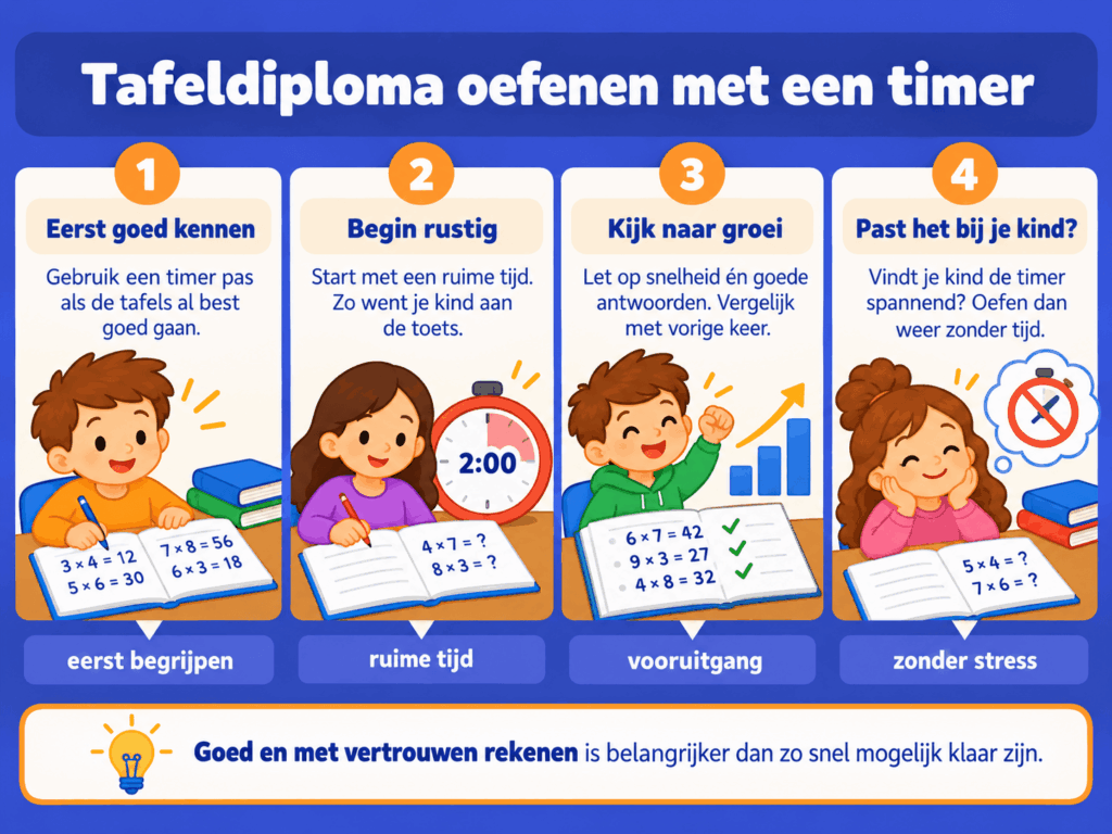 Educatieve afbeelding met vier tips om een tafeldiploma te oefenen met een timer. Kinderen leren eerst de tafels goed kennen, beginnen met een ruime tijdslimiet, volgen hun vooruitgang en oefenen zonder tijdsdruk wanneer dat nodig is.