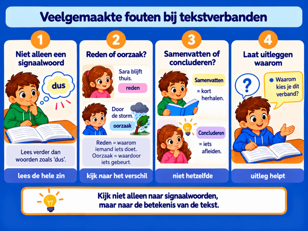 Educatieve afbeelding met vier veelgemaakte fouten bij tekstverbanden. Kinderen leren dat ze niet alleen naar signaalwoorden moeten kijken, ontdekken het verschil tussen reden en oorzaak en tussen samenvatten en concluderen.