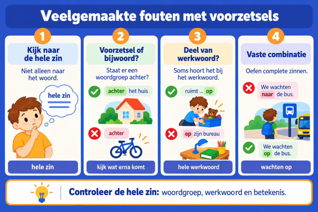Educatieve afbeelding met vier veelgemaakte fouten bij voorzetsels. Kinderen leren het verschil tussen voorzetsels en bijwoorden, herkennen woorden die bij een werkwoord horen en oefenen vaste combinaties zoals 'wachten op de bus'. Met duidelijke voorbeelden en tips.