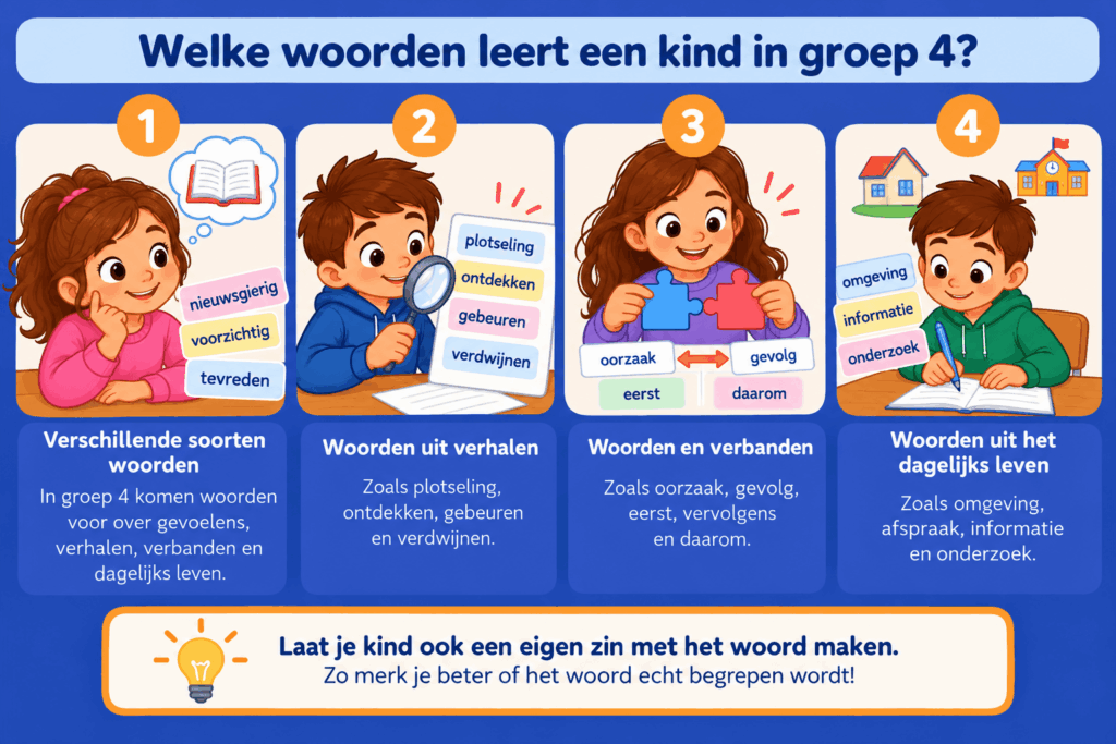 Educatieve afbeelding met voorbeelden van woorden die kinderen in groep 4 leren. De afbeelding toont vier categorieën: gevoelens en eigenschappen, woorden uit verhalen, verbanden tussen woorden en woorden uit het dagelijks leven.