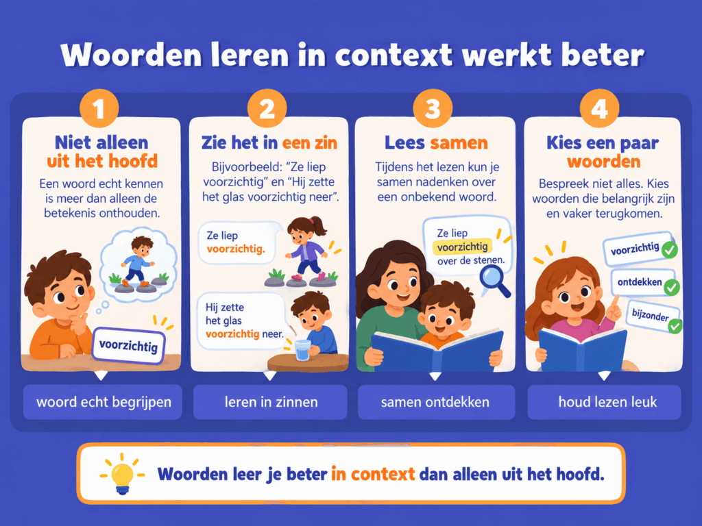 Educatieve afbeelding die in vier stappen uitlegt waarom woorden leren in context beter werkt dan uit het hoofd leren.